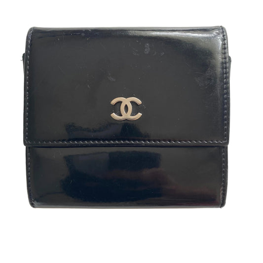 Chanel black patent leather compact wallet Authentic with COA 4x3.6