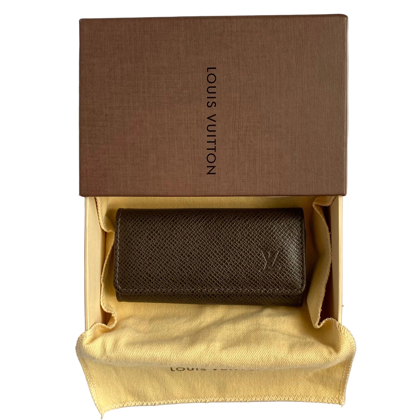 Louis Vuitton taiga brown leather 4 ring key holder CA0098 Authentic with COA box dusty 4.1x2.2