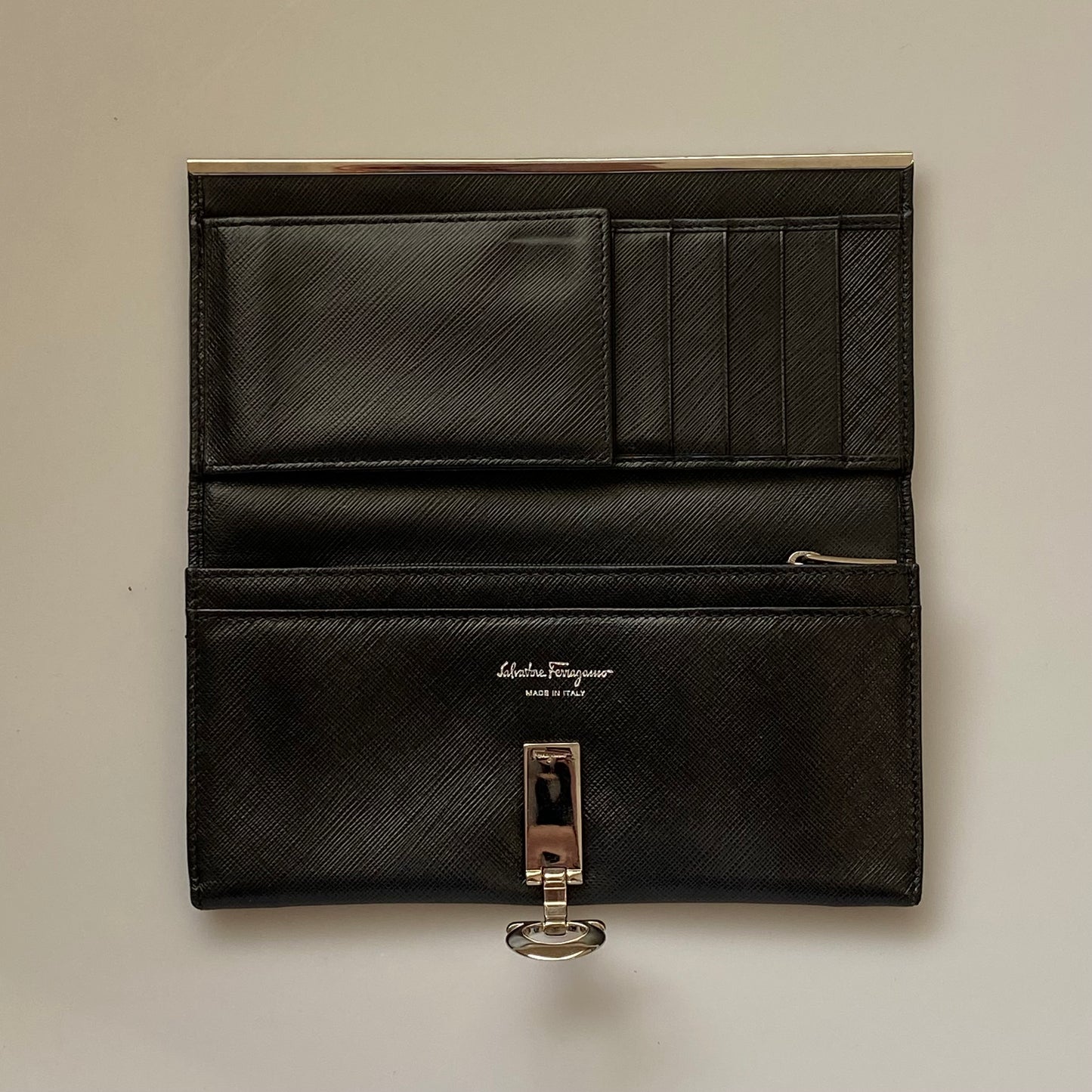 Salvatore Ferragamo silver gancini black leather long wallet authentic with coa