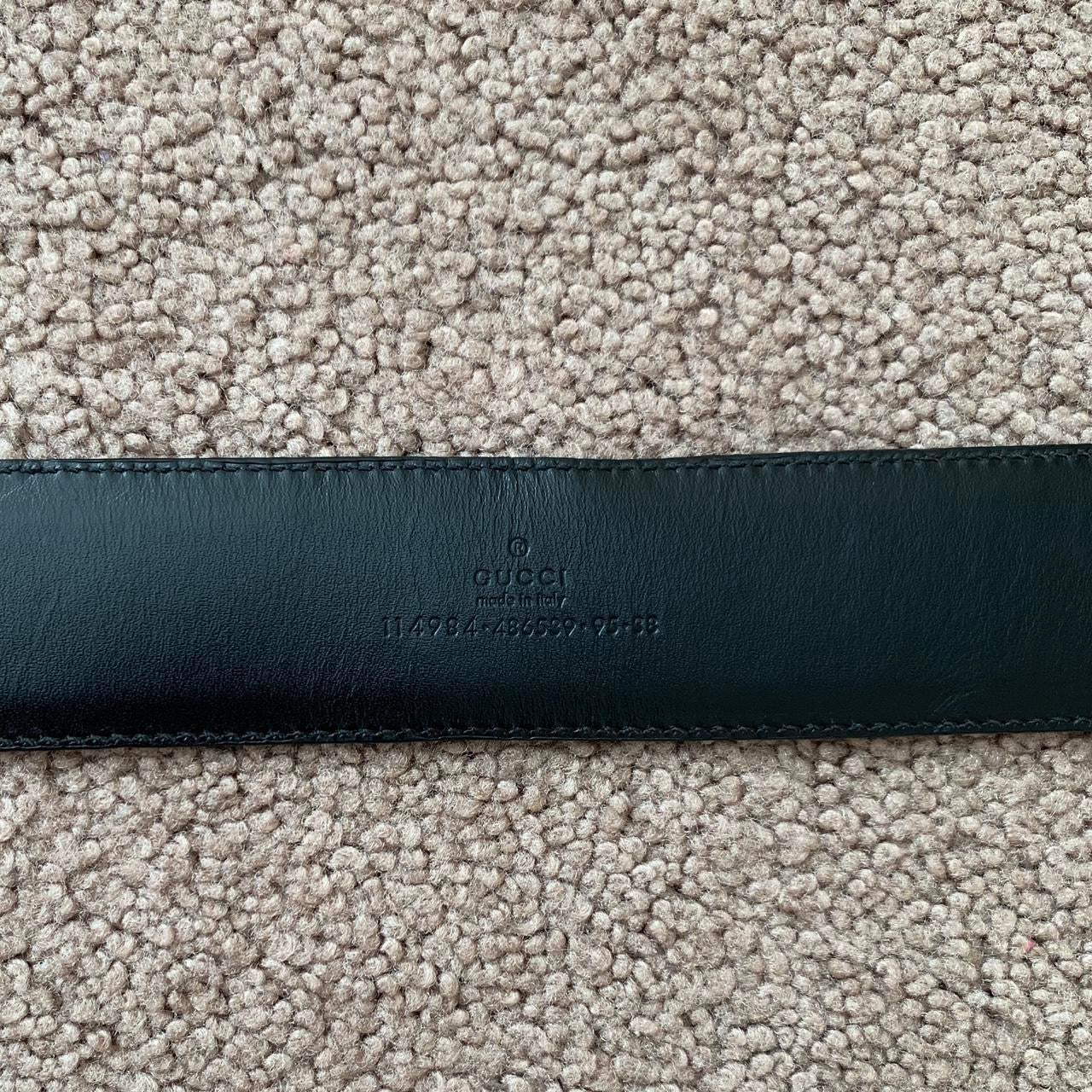 Authentic GUCCI unisex signature monogram black leather belt with silver interlocking buckle