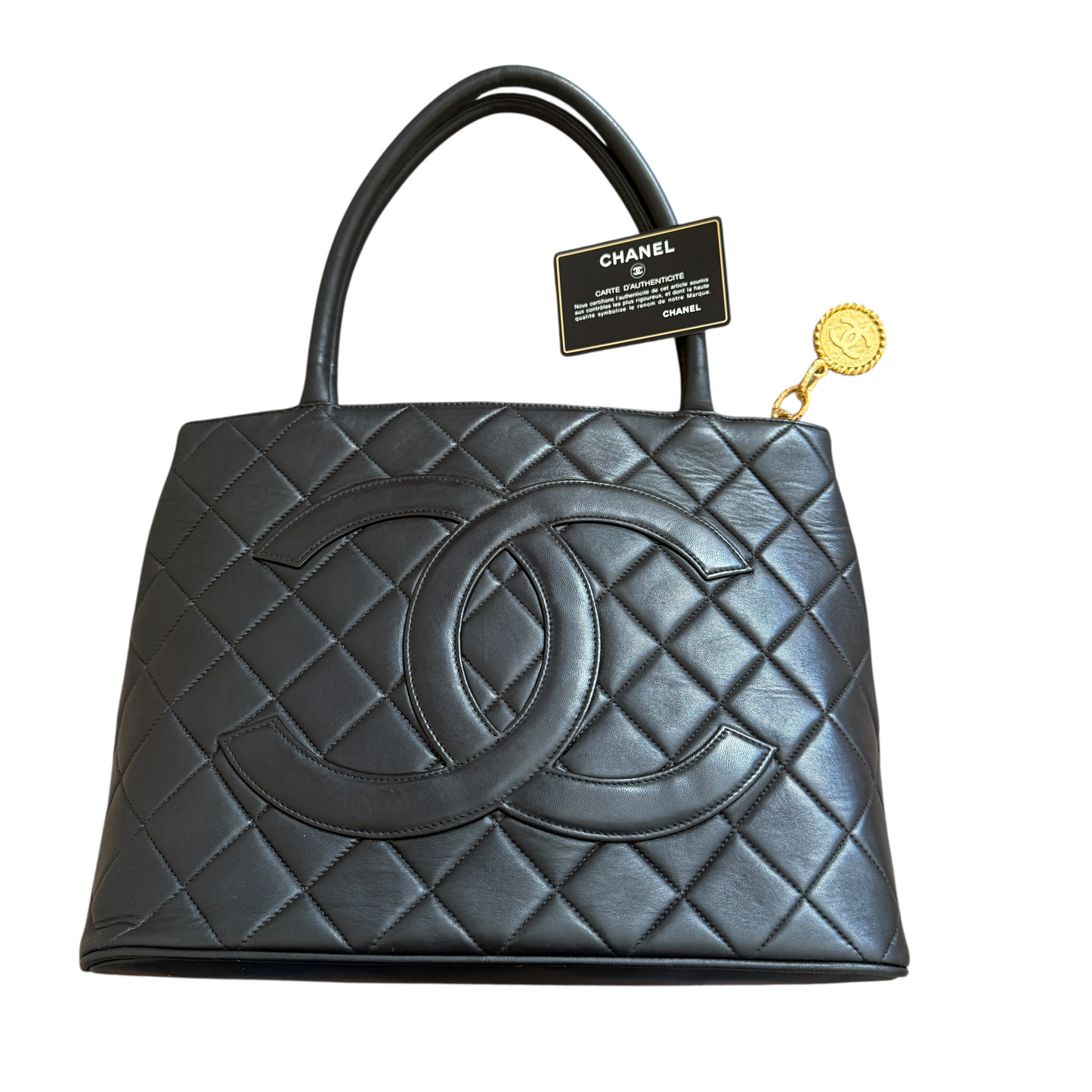 Chanel quilted black leather medallion shoulder tote bag with COA and guarantee