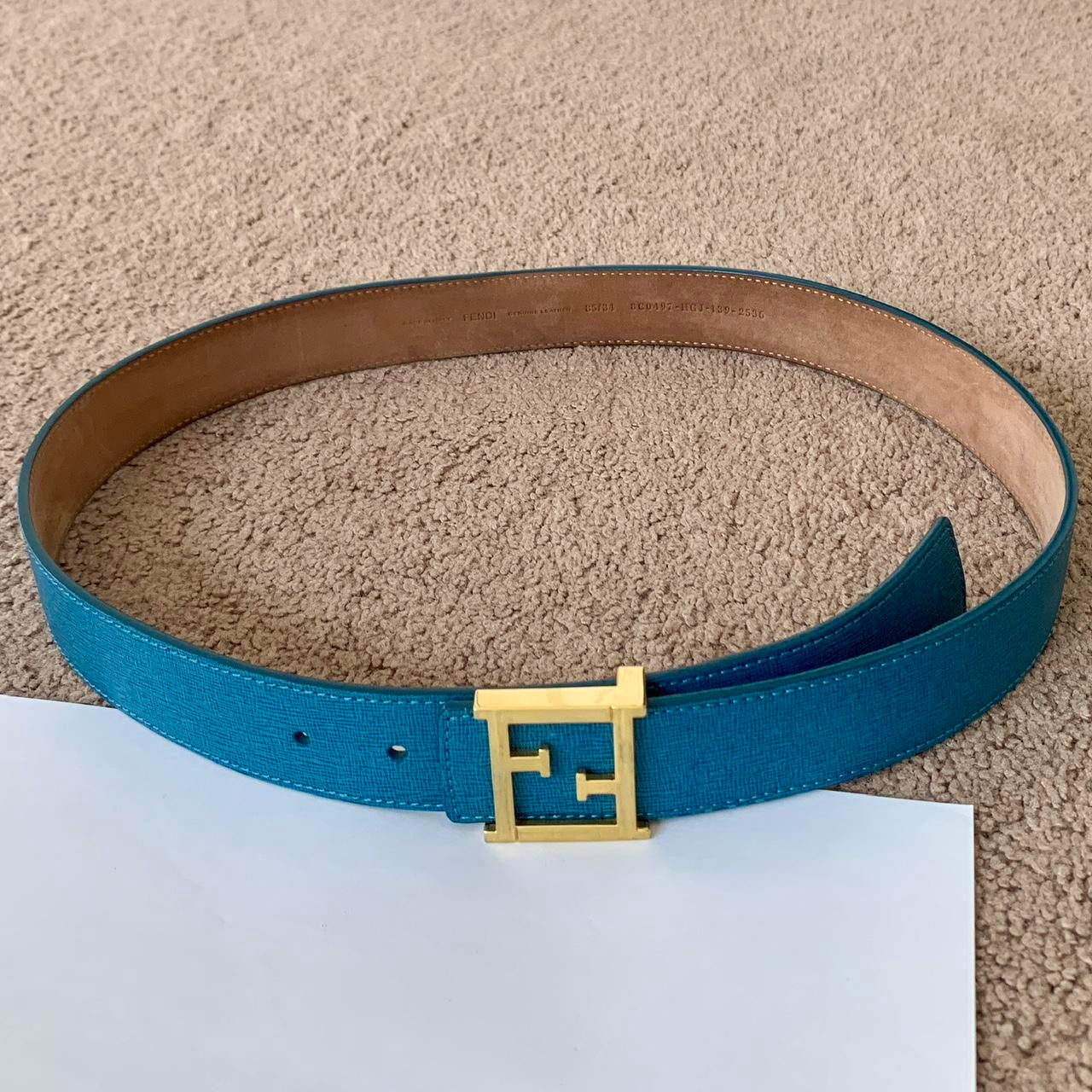 Authentic FENDI Women’s FF gold buckle blue leather belt