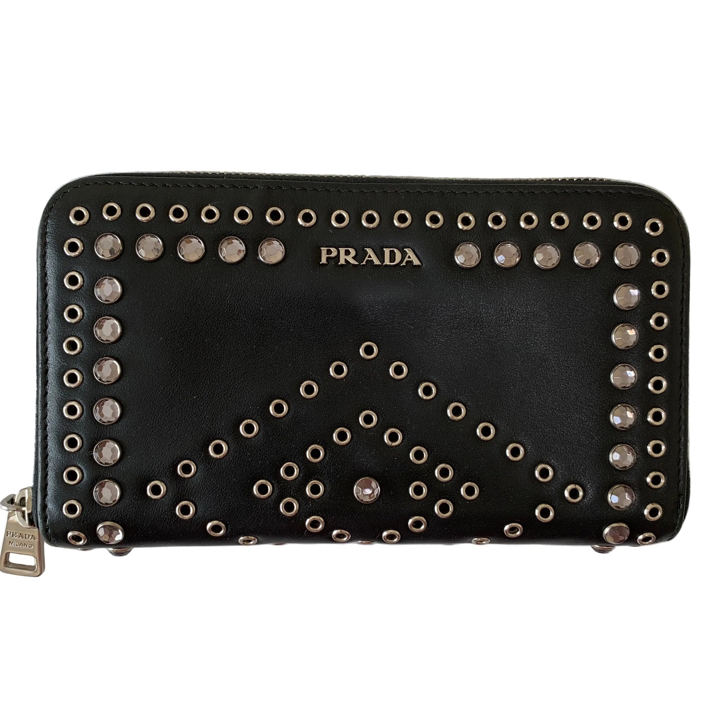 Prada black leather studded zipper wallet authentic with COA 4.5x7.5”