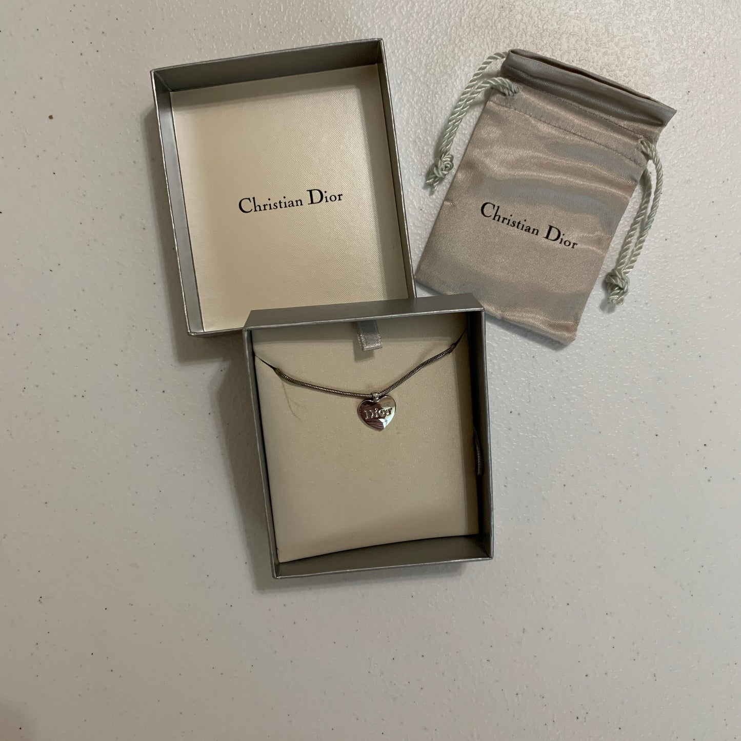 Christian Dior silver tone heart tag adjustable Necklace authentic with COA box dusty