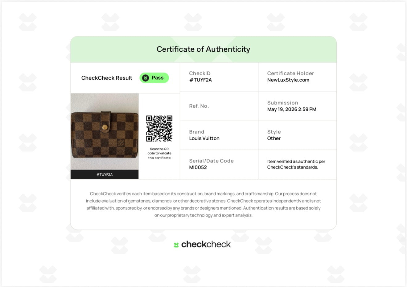 Louis Vuitton brown damier wallet MI0052 authentic with COA