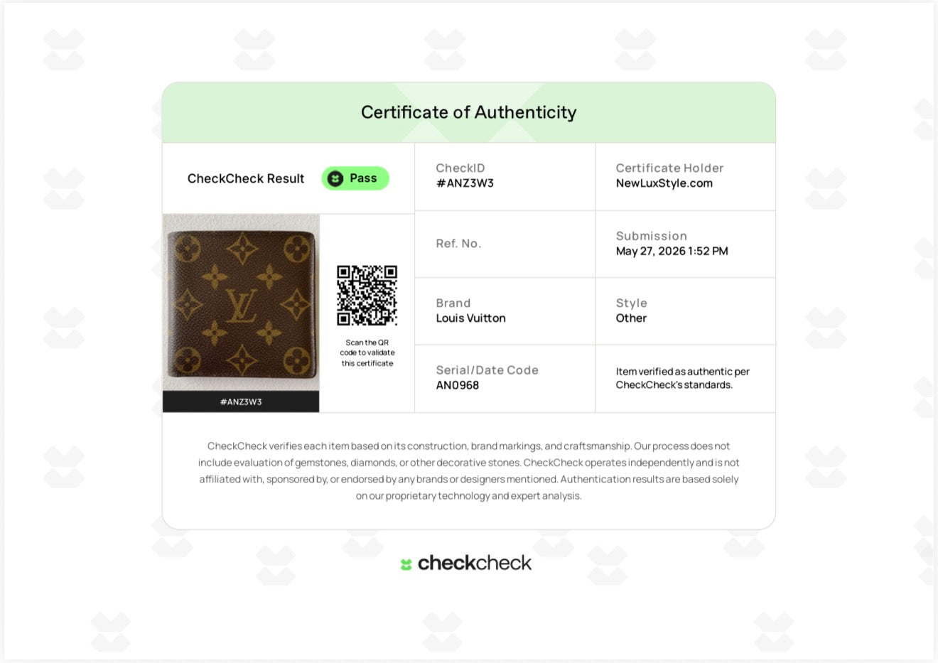Louis Vuitton men’s monogram bifold wallet AN0968 authentic w/COA