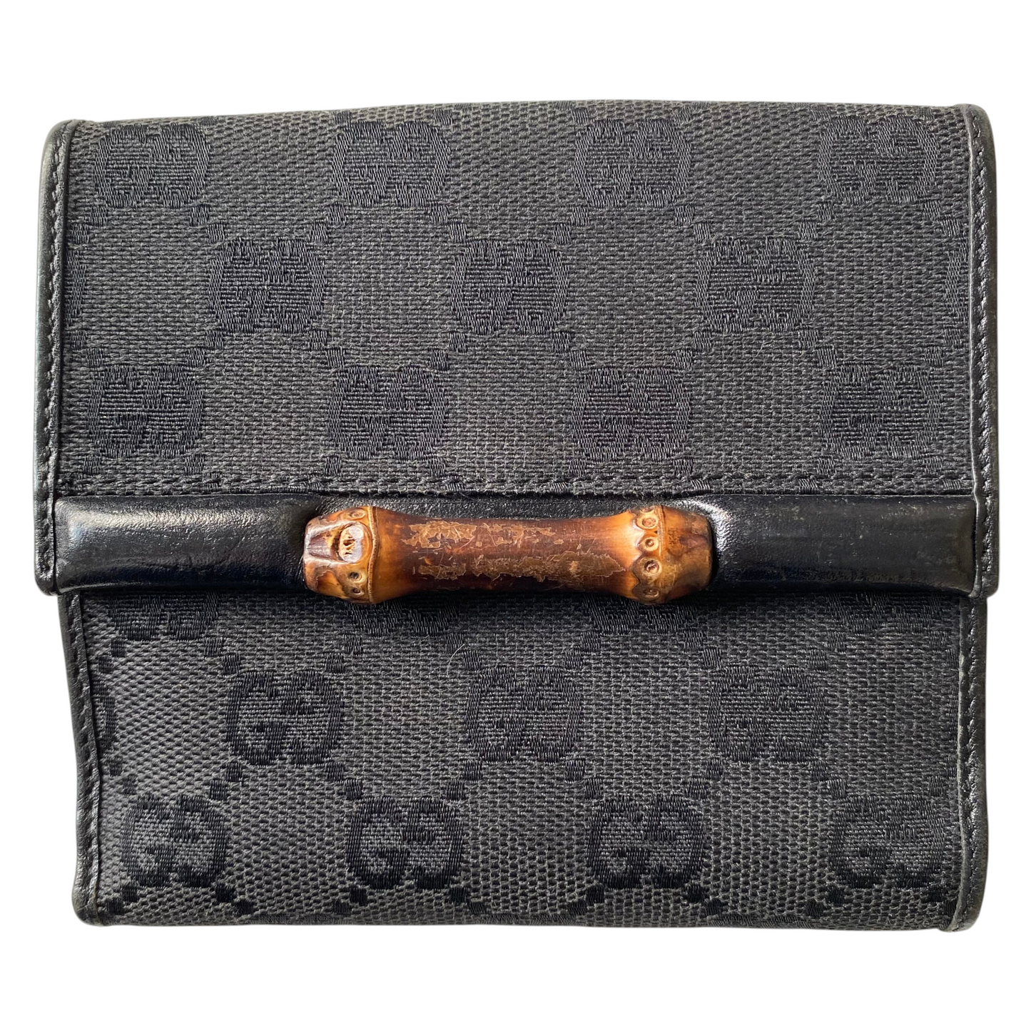 Gucci bamboo black canvas compact wallet Authentic with coa