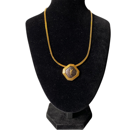 Yves Saint Laurent YSL logo 1 inch pendant gold plated adjustable necklace Authentic with COA