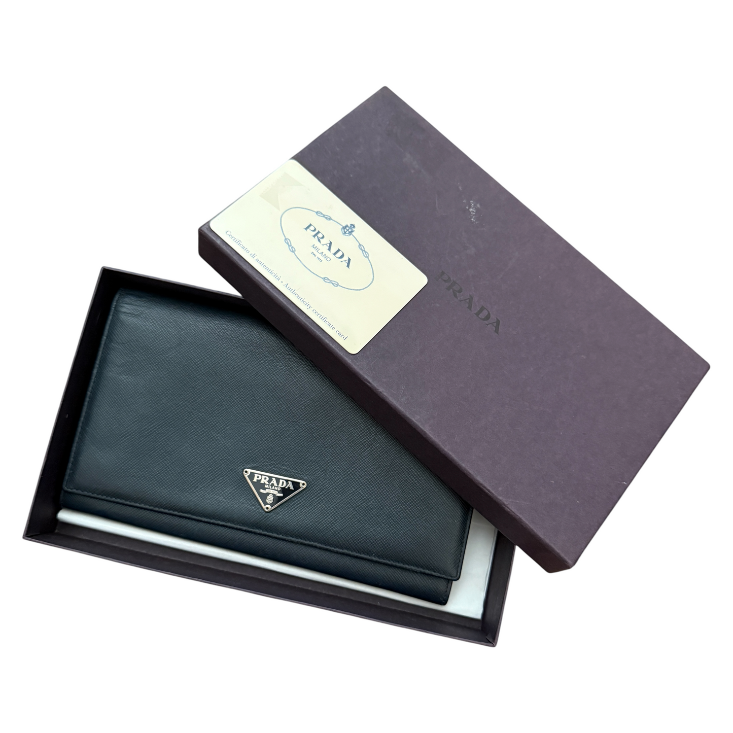 PRADA navy saffiano leather long by wallet Authentic with COA