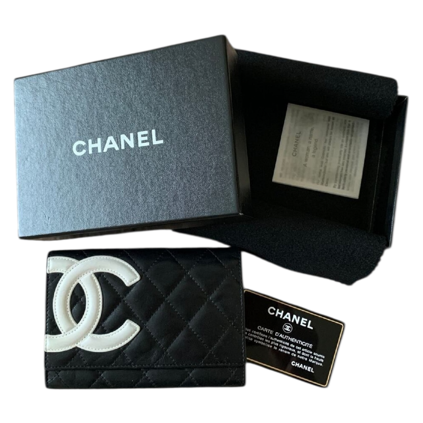 Chanel cambon CC mark black and white leather wallet with box and COA