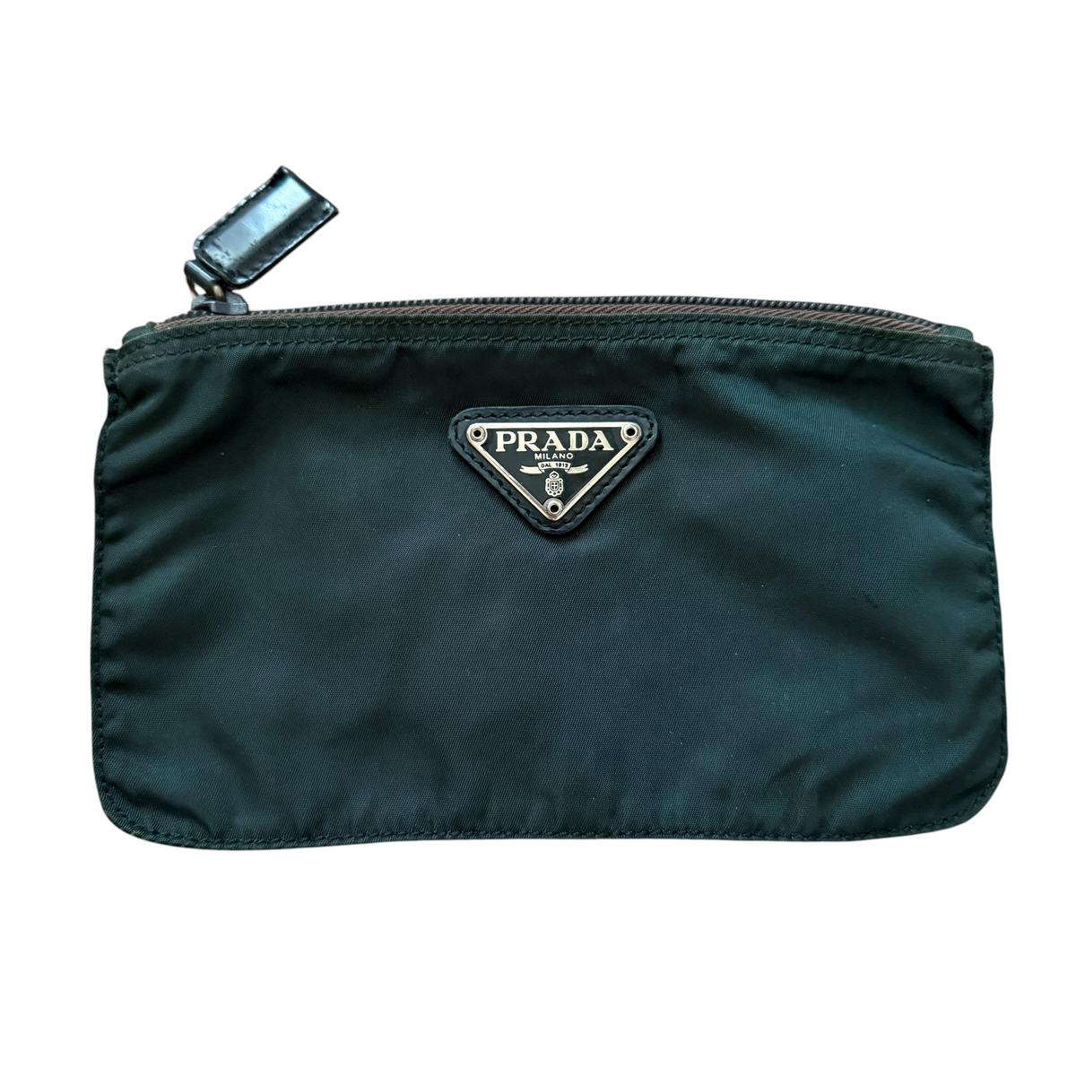 Prada deep green nylon pouch Authentic with COA 7.7x4.6