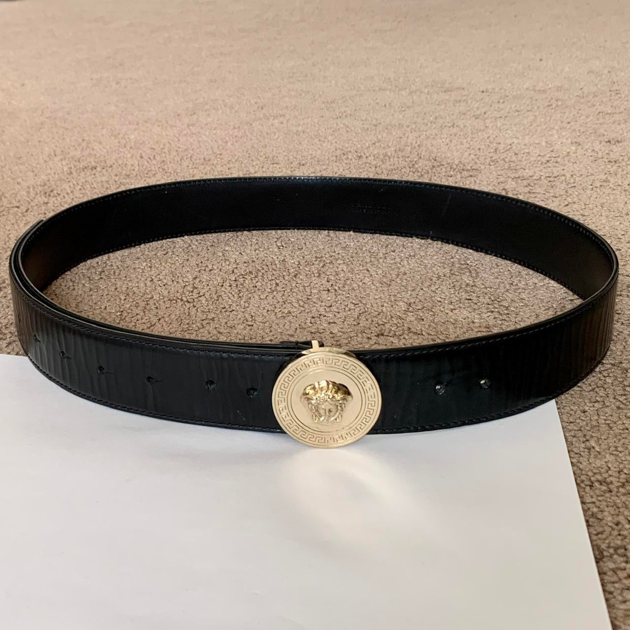 Authentic unisex Versace black leather belt with medusa buckle