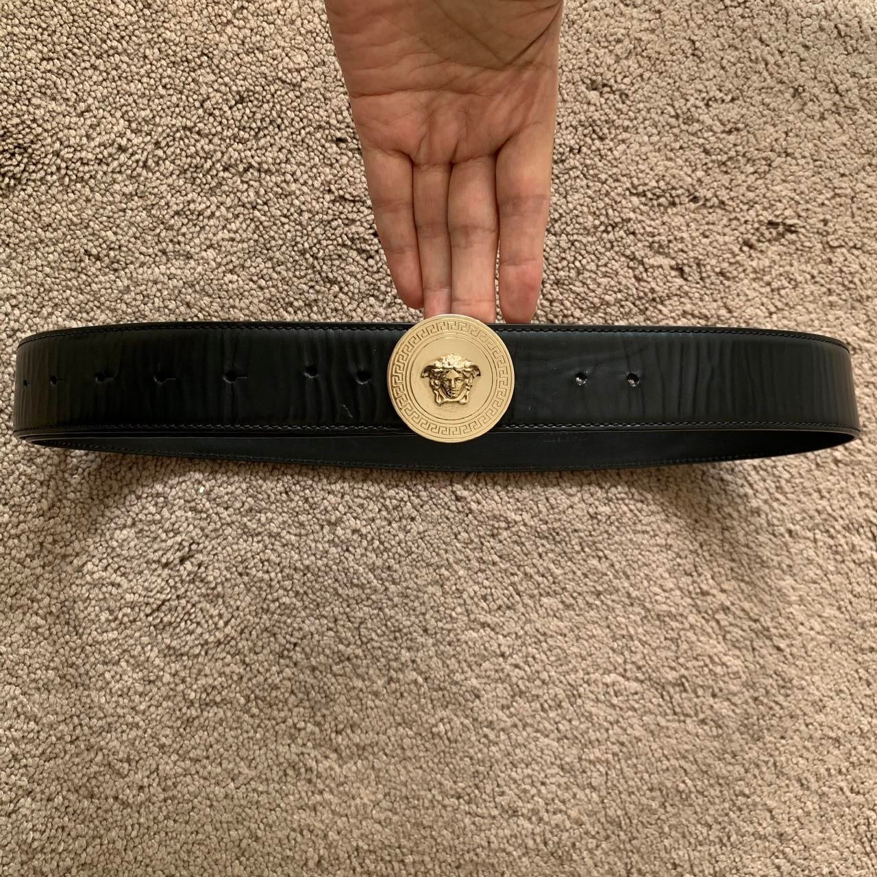 Authentic unisex Versace black leather belt with medusa buckle