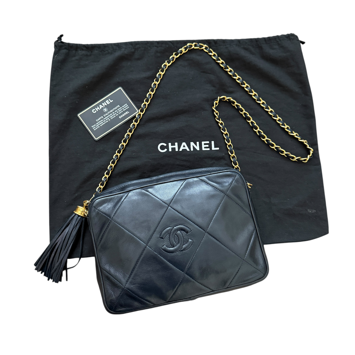 Chanel black quilted tassel leather camera crossbody bag authentic with COA dus