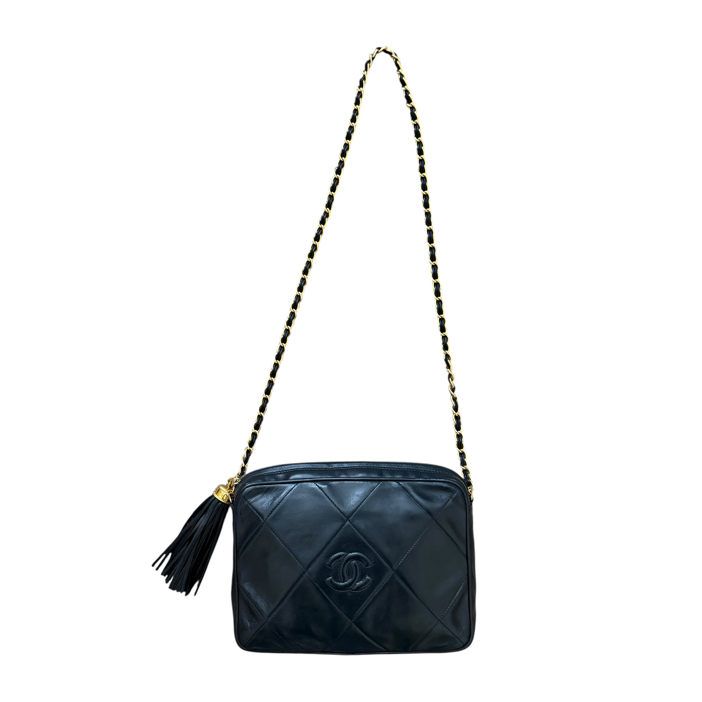 Chanel black quilted tassel leather camera crossbody bag authentic with COA dus