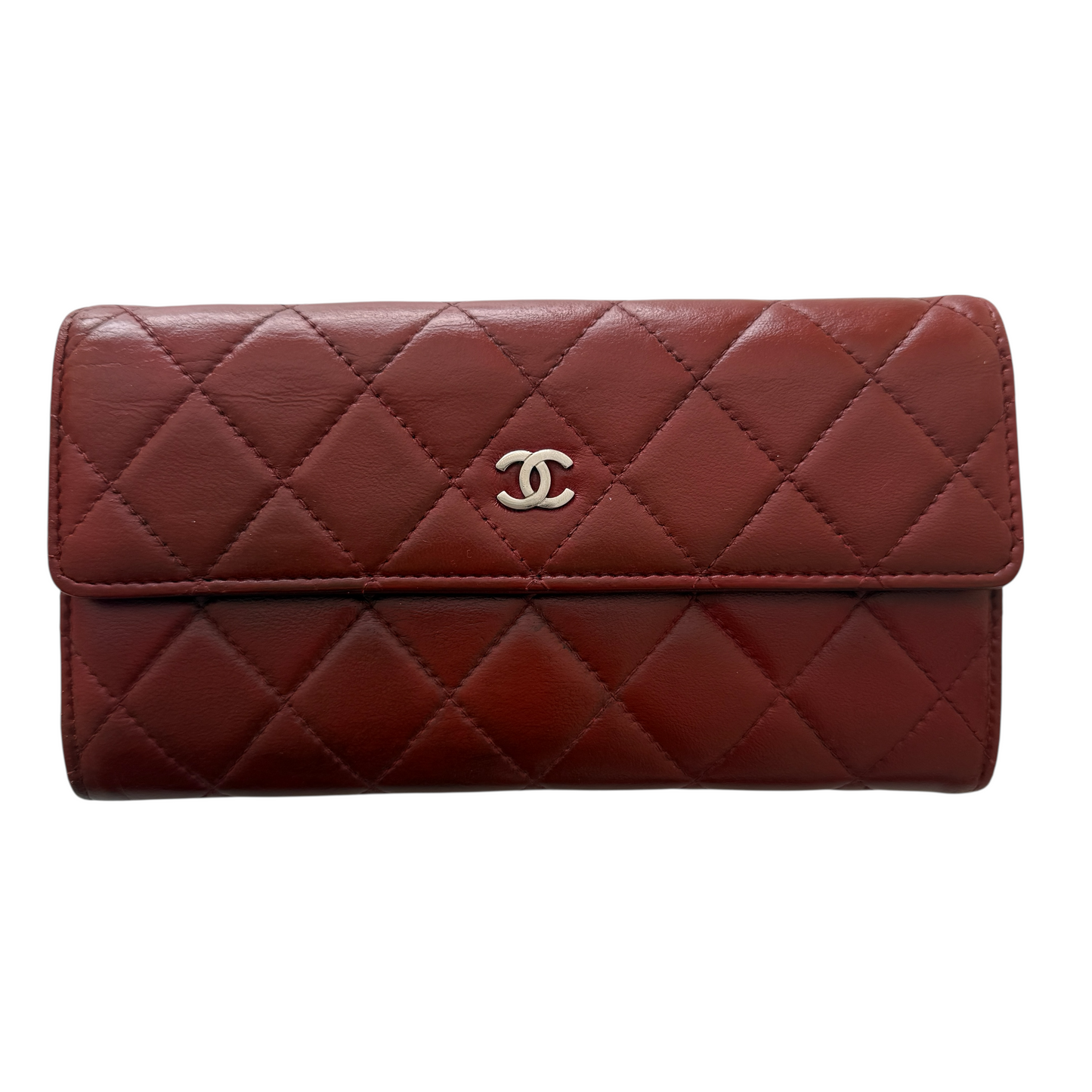 Chanel dark red cc mark flap quilted leather long Wallet Authentic with COA and box