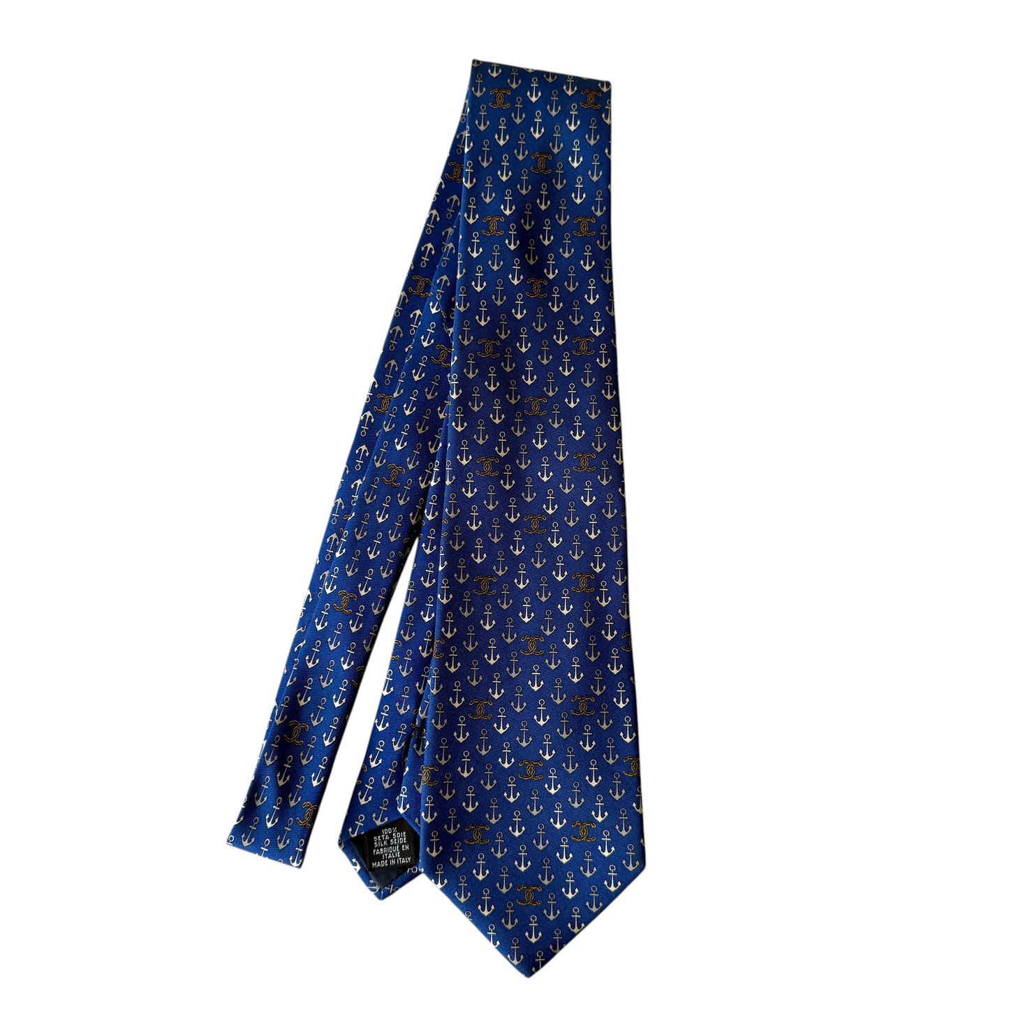 Chanel Coco mark Anchor blue silk Neck tie authentic with COA