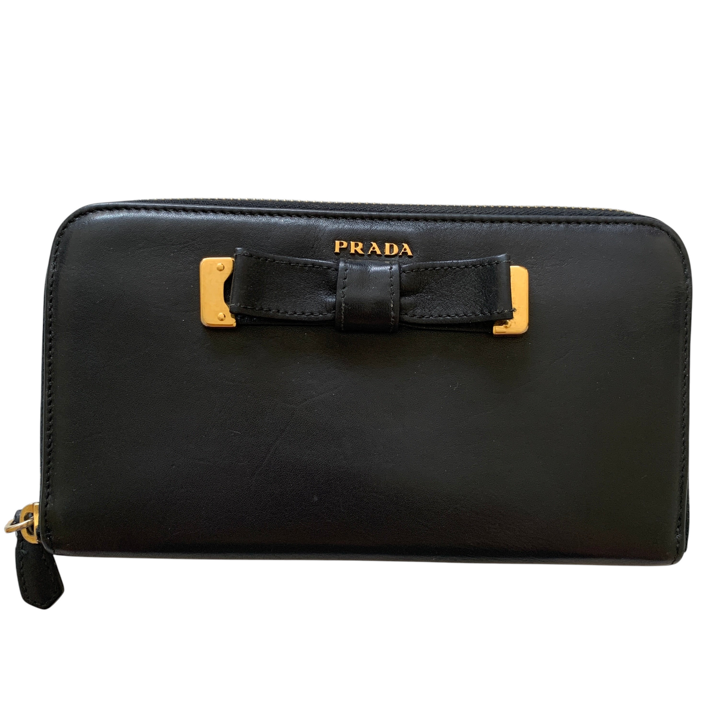 Prada bow long black leather zip around wallet authentic with COA and box