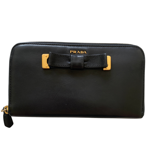 Prada bow long black leather zip around wallet authentic with COA and box