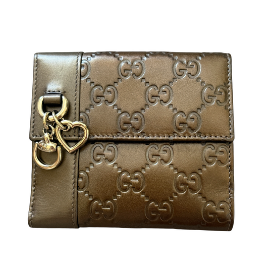 Gucci GG monogram bronze leather compact wallet authentic with COA and box