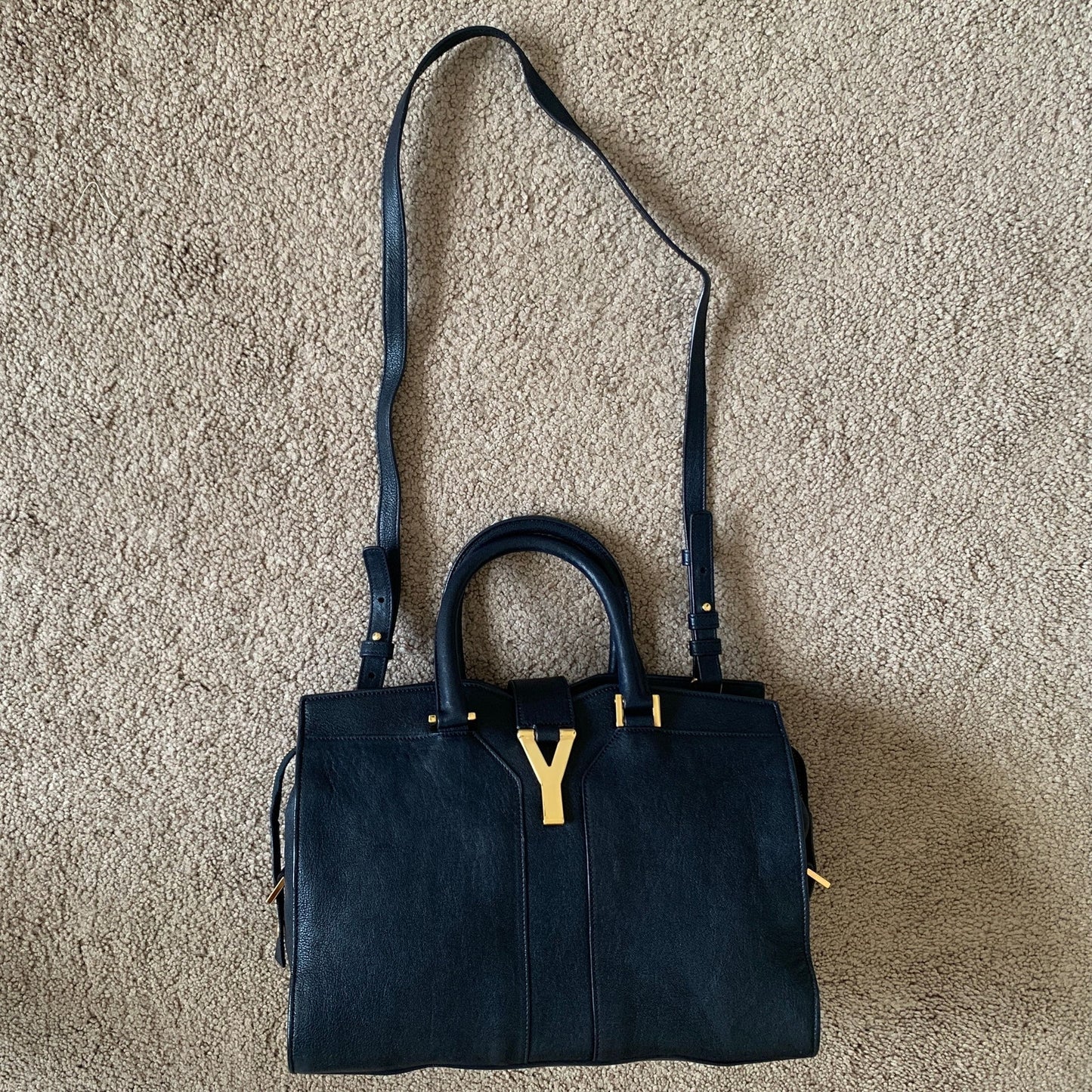 Yves Saint Laurent dark blue cabas leather bag with strap removable and COA