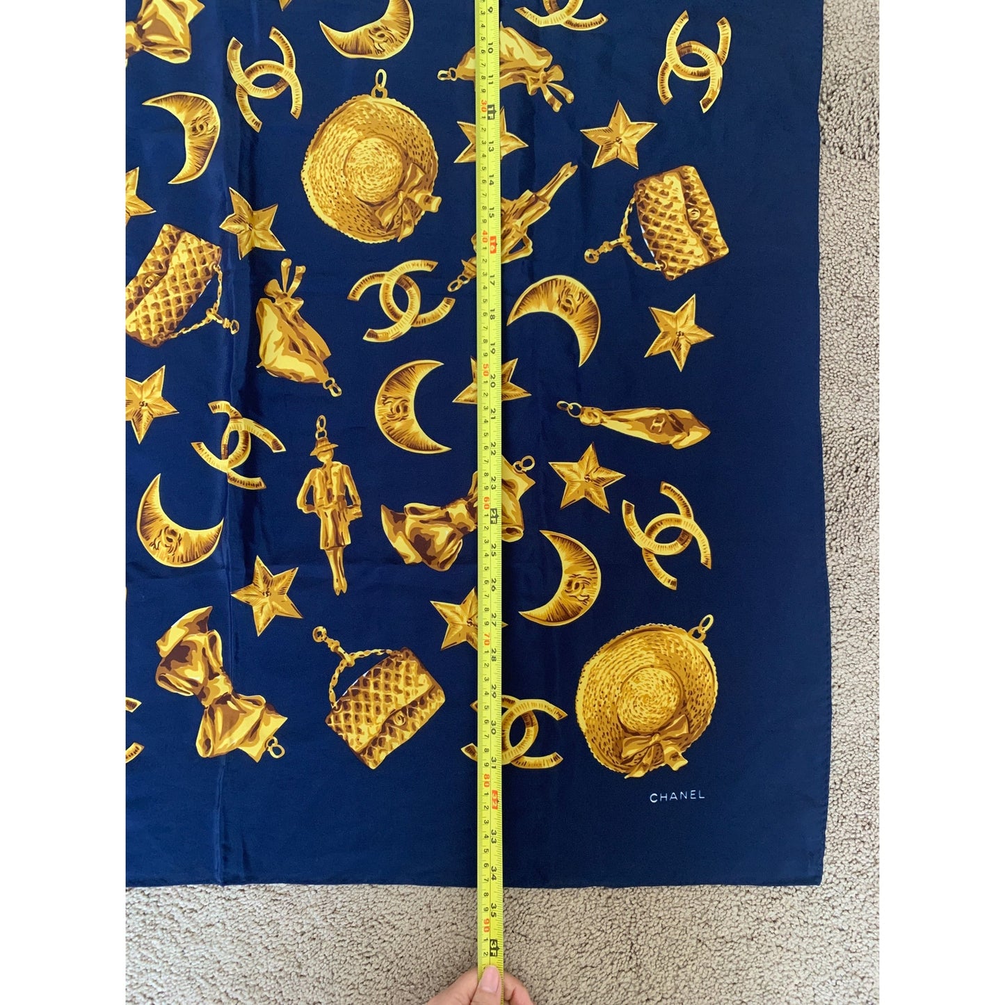 CC1007 Chanel blue and gold logo large silk scarf