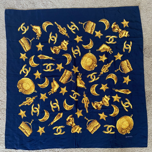 CC1007 Chanel blue and gold logo large silk scarf