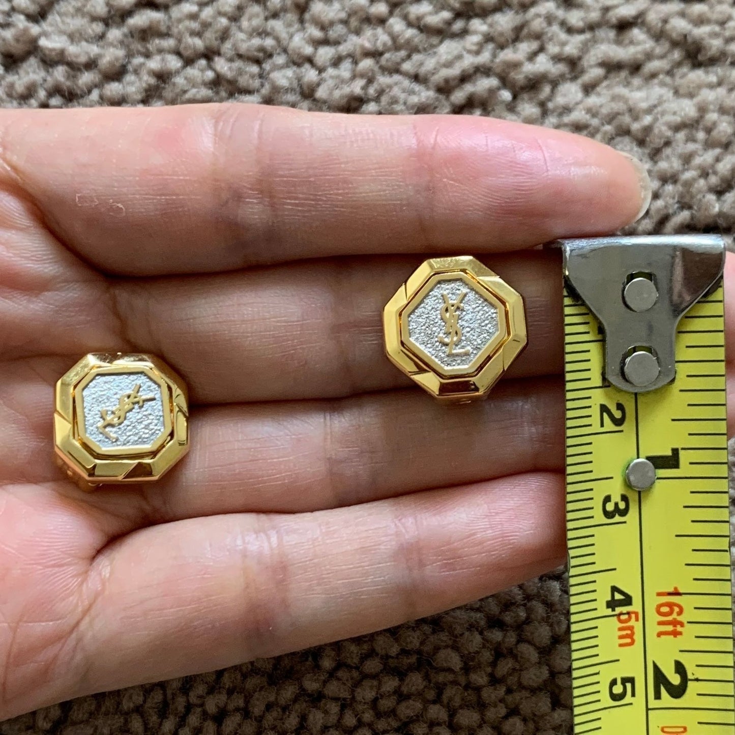 Y1007 YSL Yves Saint Laurent logo gold color and rhinestone clip-on earrings