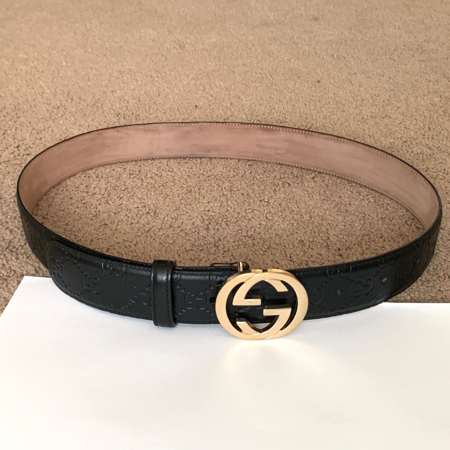G1035 Gucci signature unisex black leather belt size 34 inch 85 cm