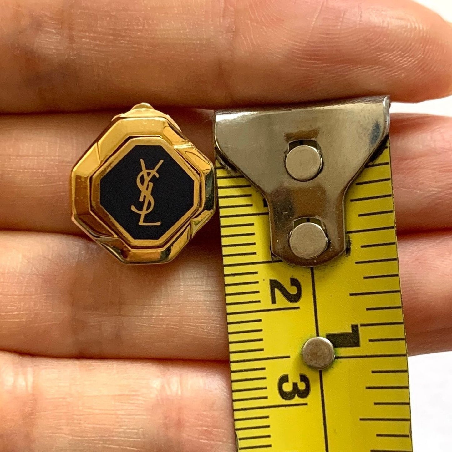 Y1006 Yves Saint Laurent gold and navy blue logo earrings