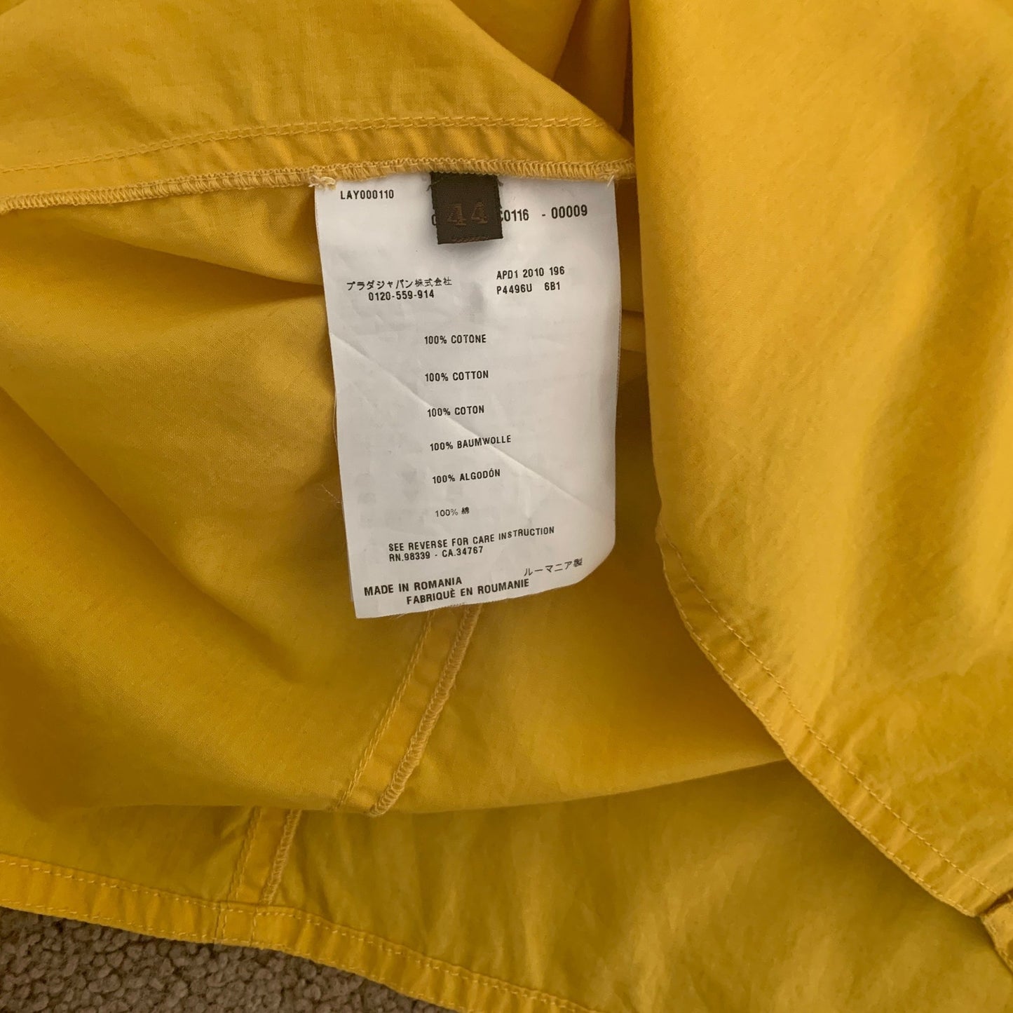 P1003 Prada women's mustard yellow cotton shirt