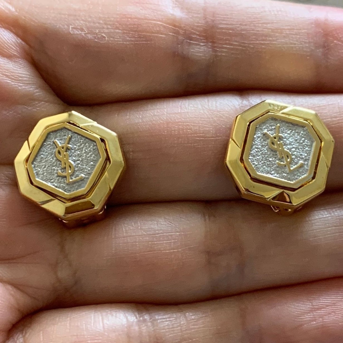 Y1007 YSL Yves Saint Laurent logo gold color and rhinestone clip-on earrings